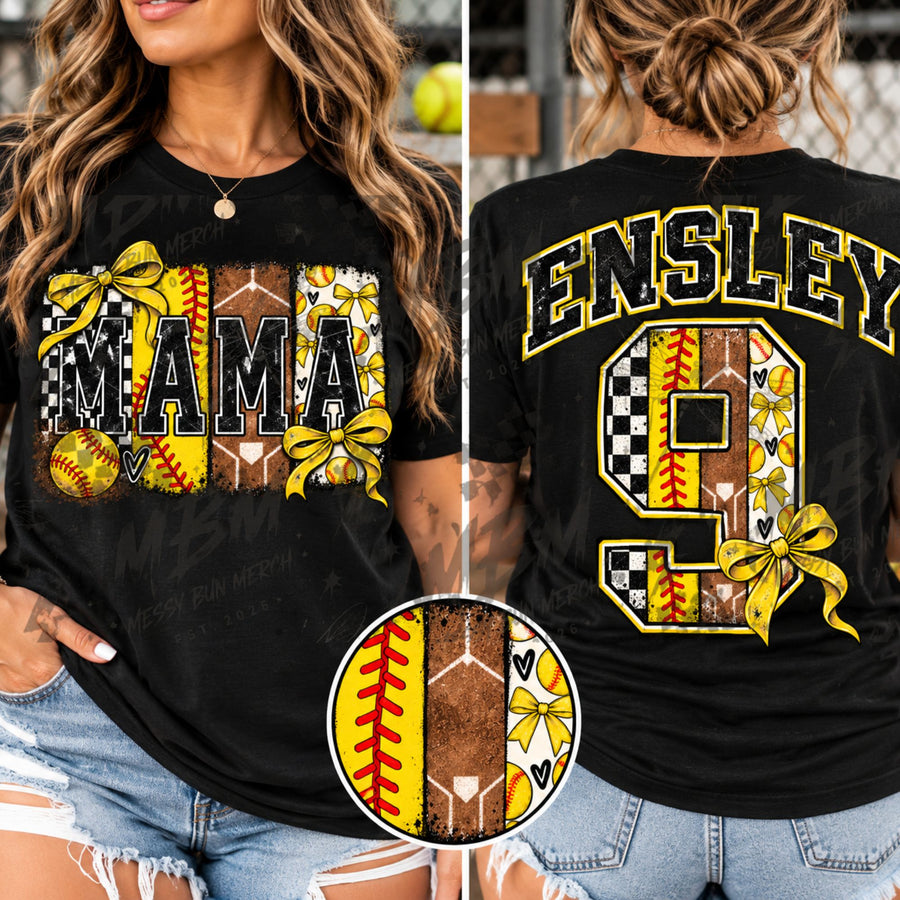 Softball Mama Patchwork Stripes & Bows – Personalized Shirt