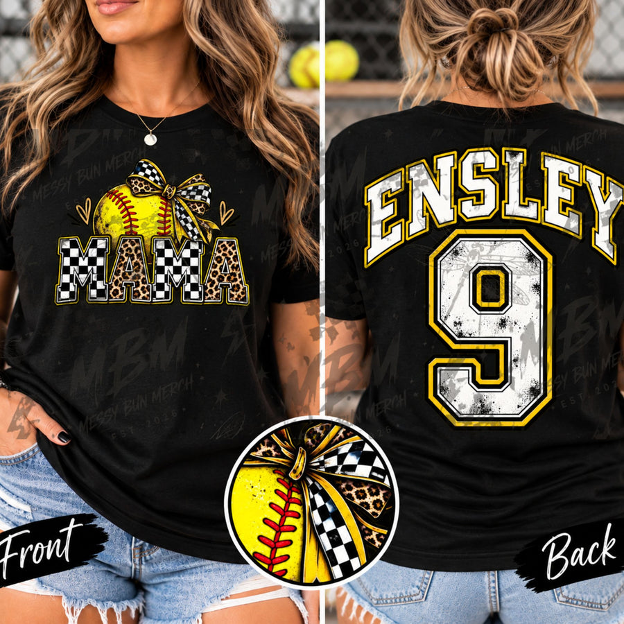 Softball Mama Ball & Bow – Personalized Name & Number Shirt