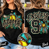 Softball Mama Teal Bow & Bat – Personalized Name & Number Shirt