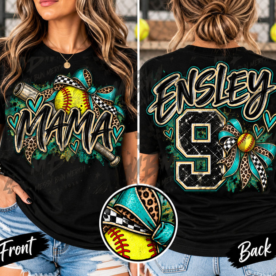 Softball Mama Teal Bow & Bat – Personalized Name & Number Shirt