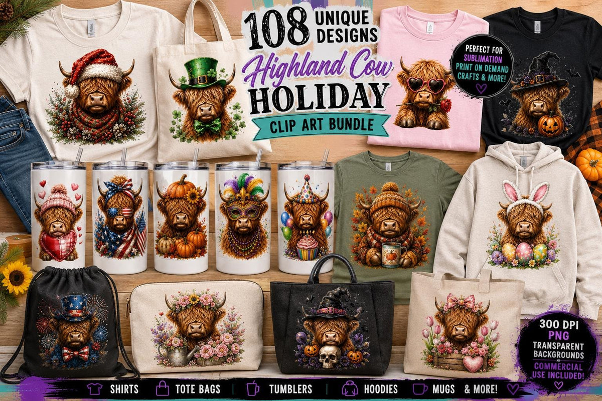 Highland Cow Holiday Clip Art Bundle | 108 PNG Designs (Digital Download)