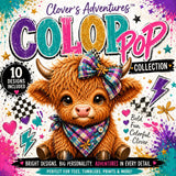 Highland Cow PNG Bundle, 10 Colorful Designs, Clover's Adventures Collection (Digital Download)