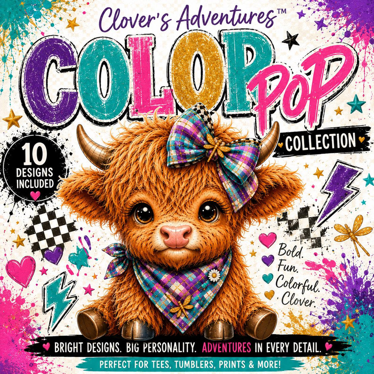 Highland Cow PNG Bundle, 10 Colorful Designs, Clover's Adventures Collection (Digital Download)