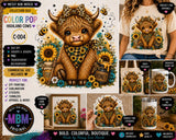 Highland Cow PNG Bundle, 10 Colorful Designs, Clover's Adventures Collection (Digital Download)