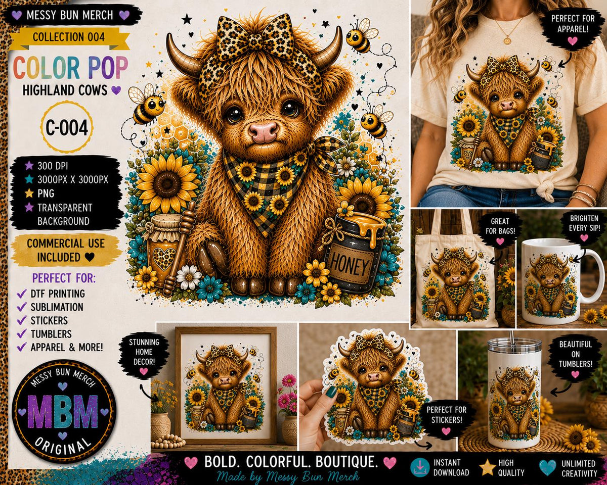 Highland Cow PNG Bundle, 10 Colorful Designs, Clover's Adventures Collection (Digital Download)