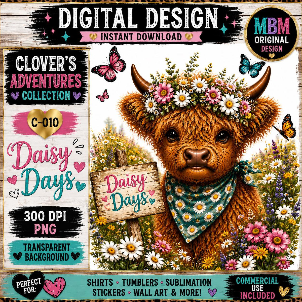 Highland Cow PNG Bundle, 10 Colorful Designs, Clover's Adventures Collection (Digital Download)