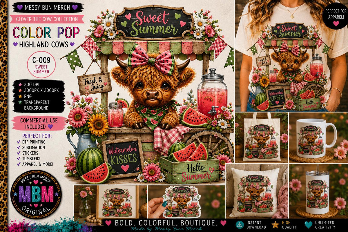 Highland Cow PNG Bundle, 10 Colorful Designs, Clover's Adventures Collection (Digital Download)