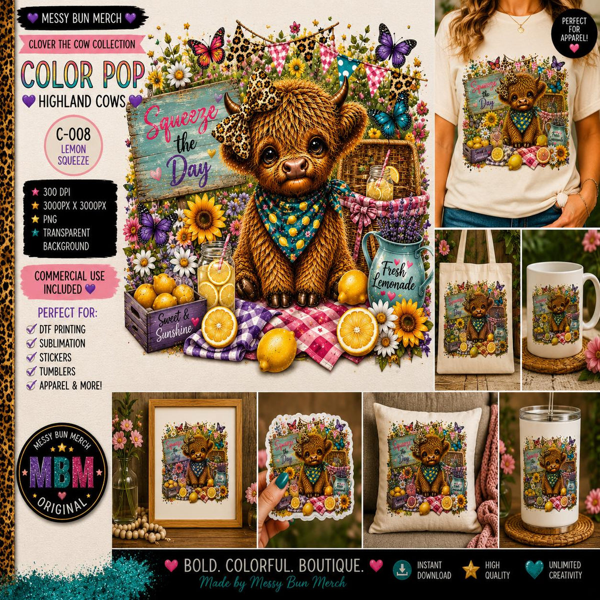 Highland Cow PNG Bundle, 10 Colorful Designs, Clover's Adventures Collection (Digital Download)