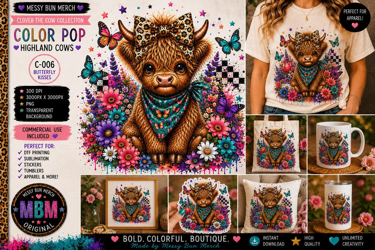 Highland Cow PNG Bundle, 10 Colorful Designs, Clover's Adventures Collection (Digital Download)