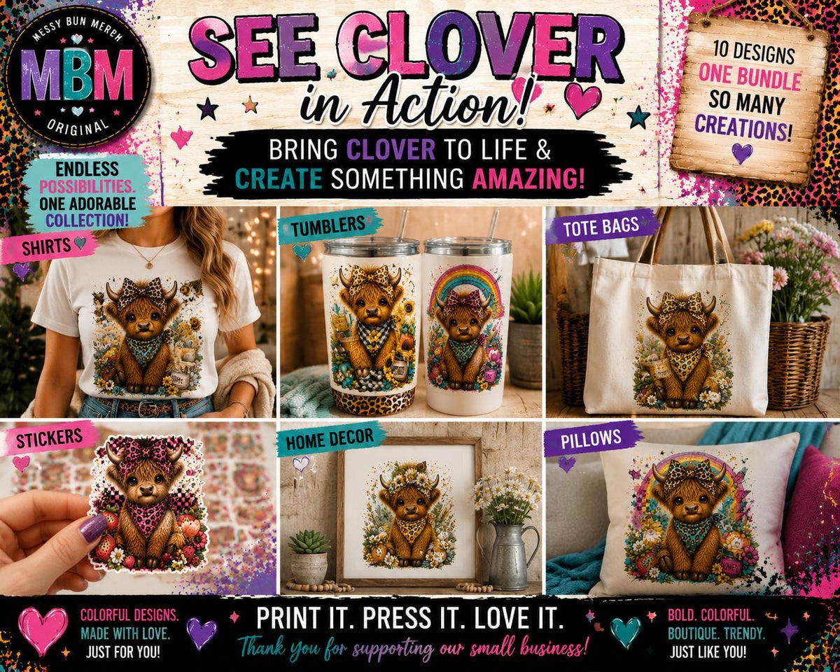 Highland Cow PNG Bundle, 10 Colorful Designs, Clover's Adventures Collection (Digital Download)