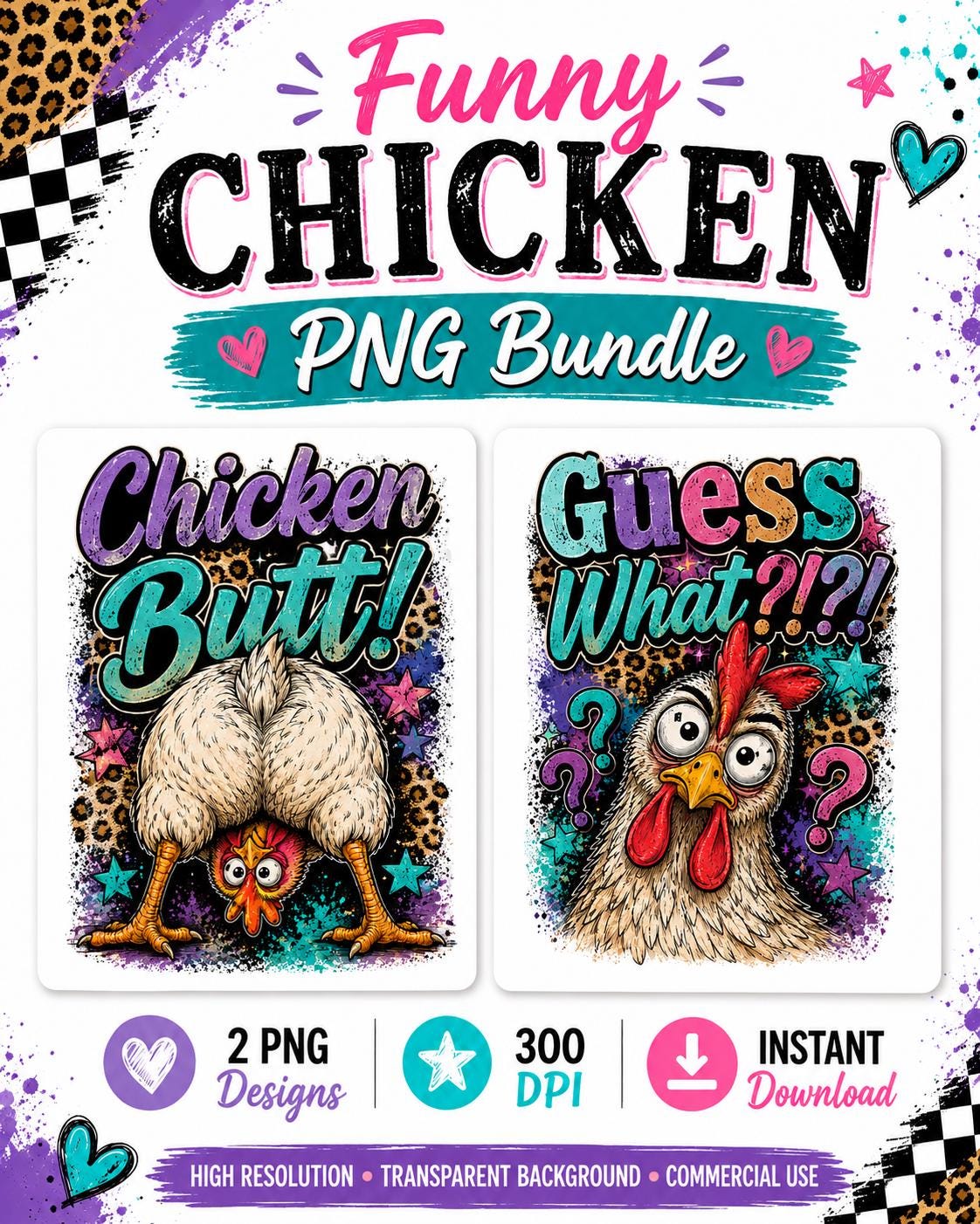 Funny Chicken PNG Bundle | Chicken Butt & Guess What | Farmhouse Sublimation Design