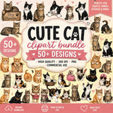 Cat Clipart Bundle | 50+ Kitten PNG Designs (Digital Download)