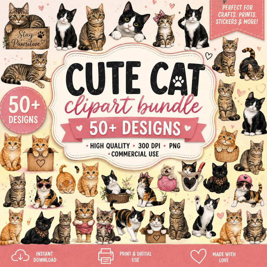Cat Clipart Bundle | 50+ Kitten PNG Designs (Digital Download)