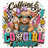 Caffeine Cowgirl Energy PNG, Highland Cow Western Shirt Design, Coffee Lover Sublimation Graphic