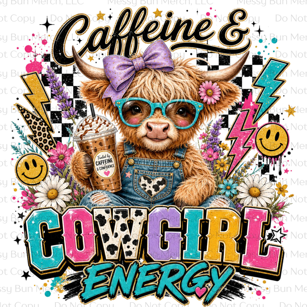 Caffeine Cowgirl Energy PNG, Highland Cow Western Shirt Design, Coffee Lover Sublimation Graphic