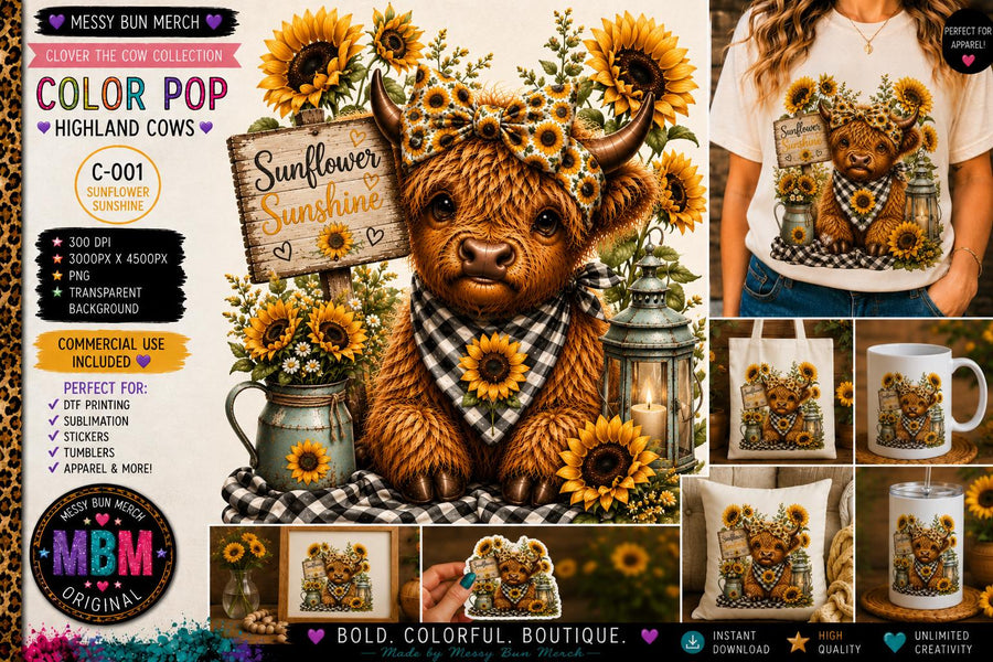 Highland Cow PNG Bundle, 10 Colorful Designs, Clover's Adventures Collection (Digital Download)