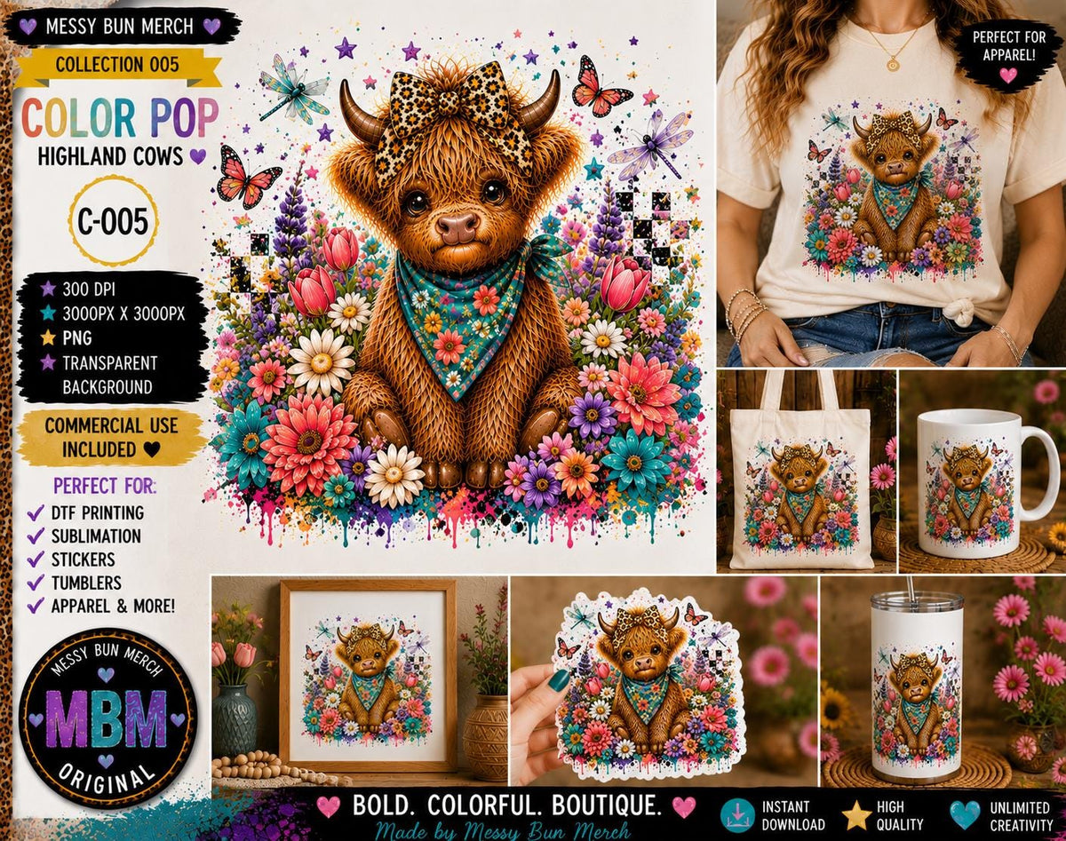 Highland Cow PNG Bundle, 10 Colorful Designs, Clover's Adventures Collection (Digital Download)