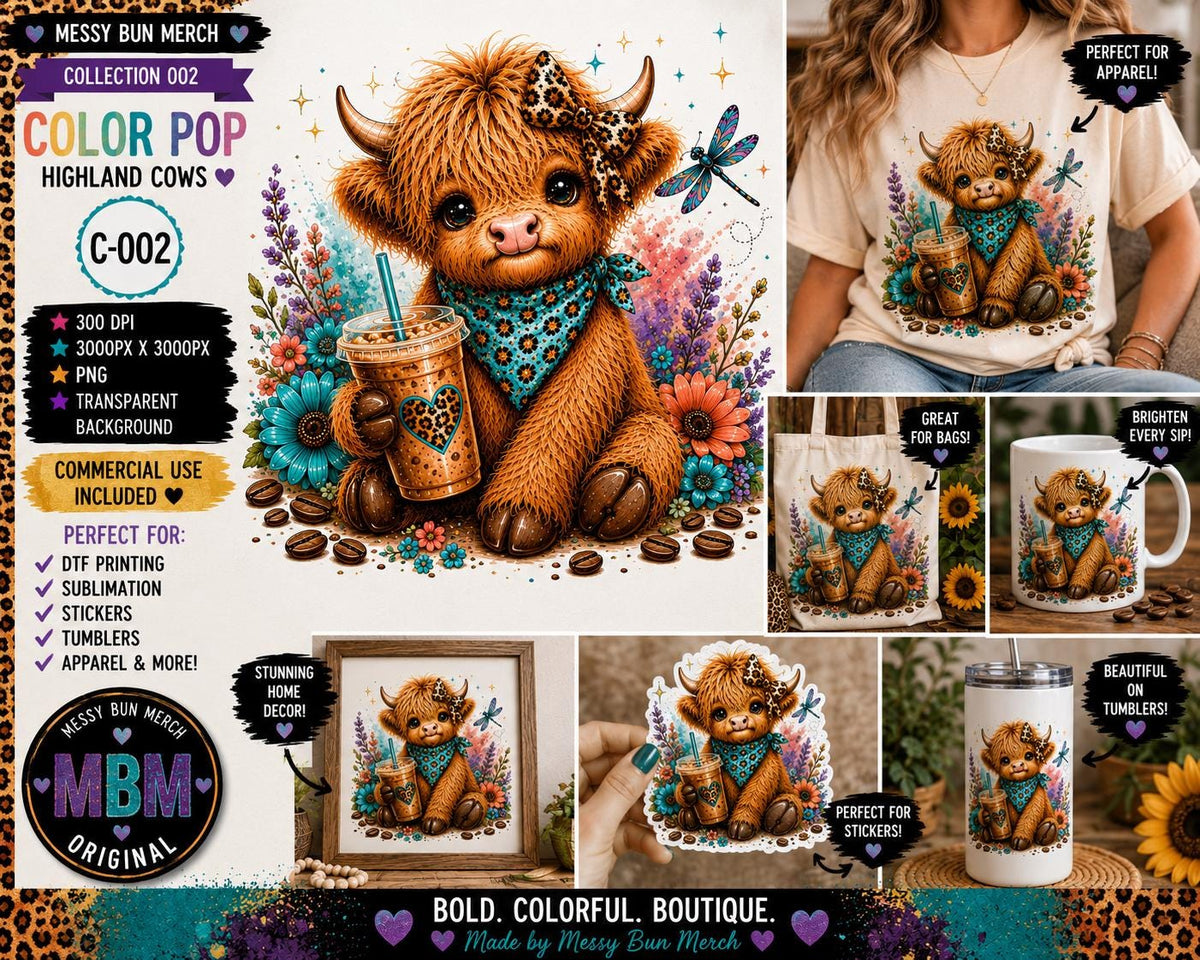 Highland Cow PNG Bundle, 10 Colorful Designs, Clover's Adventures Collection (Digital Download)