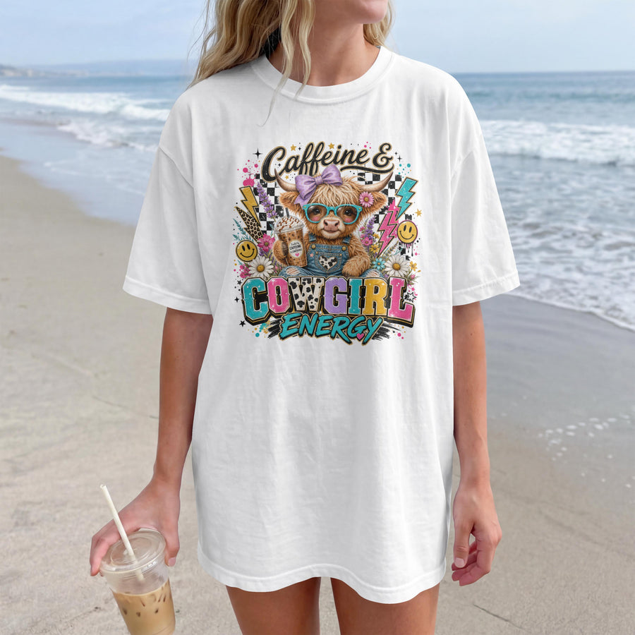 Caffeine Cowgirl Energy PNG, Highland Cow Western Shirt Design, Coffee Lover Sublimation Graphic