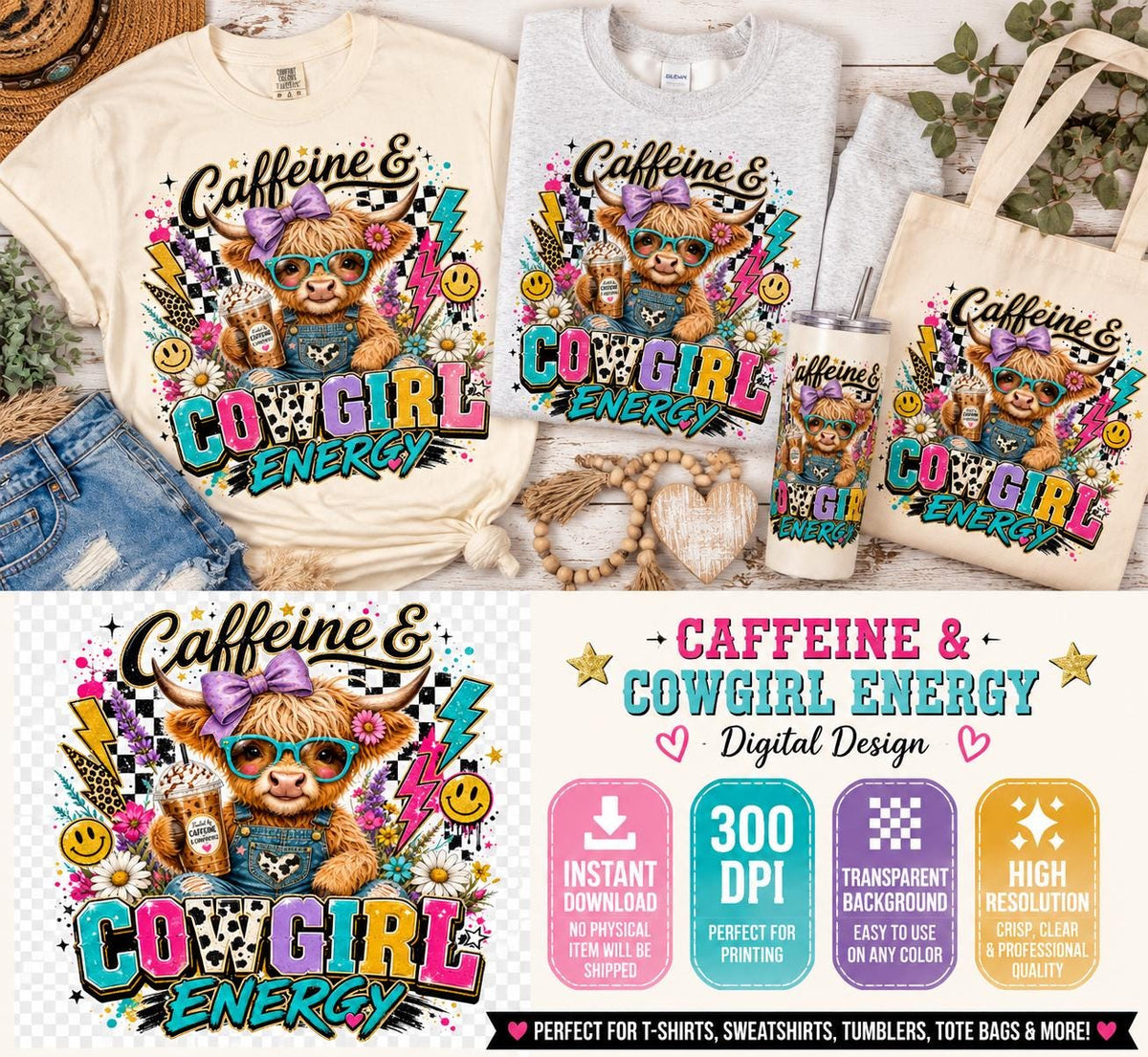 Caffeine Cowgirl Energy PNG, Highland Cow Western Shirt Design, Coffee Lover Sublimation Graphic
