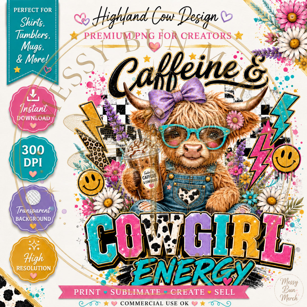 Caffeine Cowgirl Energy PNG, Highland Cow Western Shirt Design, Coffee Lover Sublimation Graphic