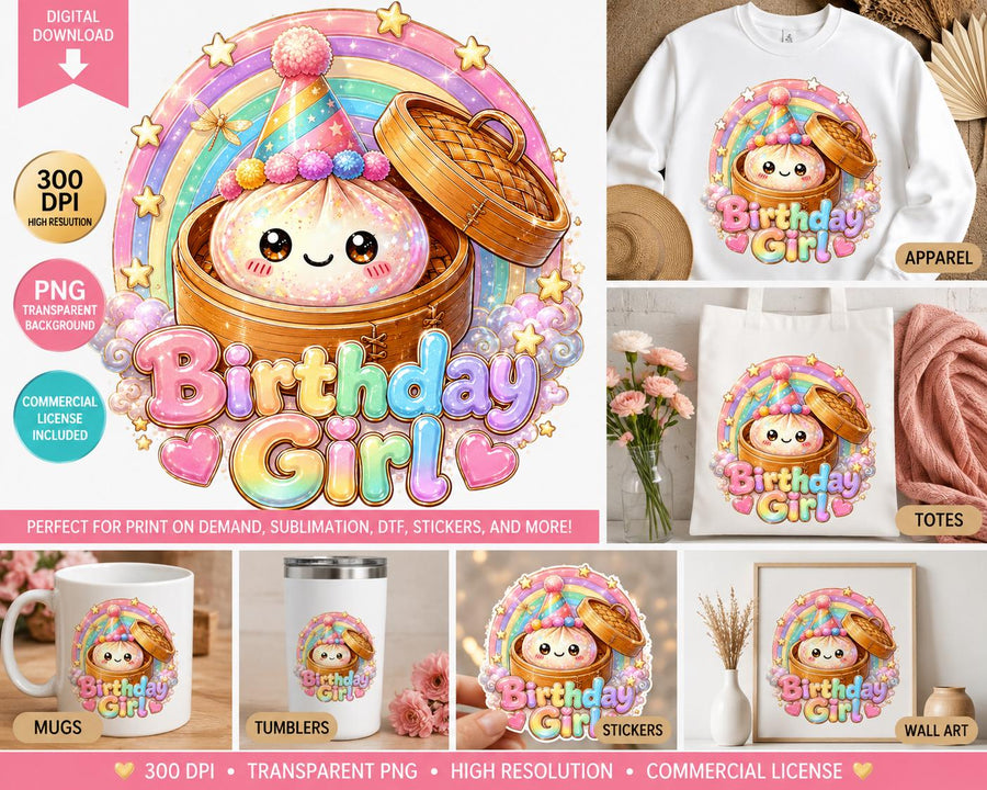 Birthday Girl PNG, Kawaii Dumpling Party Design, Rainbow Birthday Sublimation Graphic