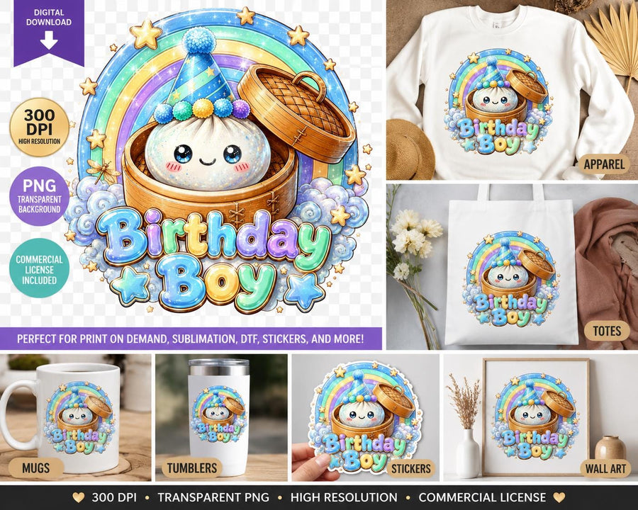 Birthday Boy PNG, Kawaii Dumpling Party Design, Rainbow Birthday Sublimation Graphic
