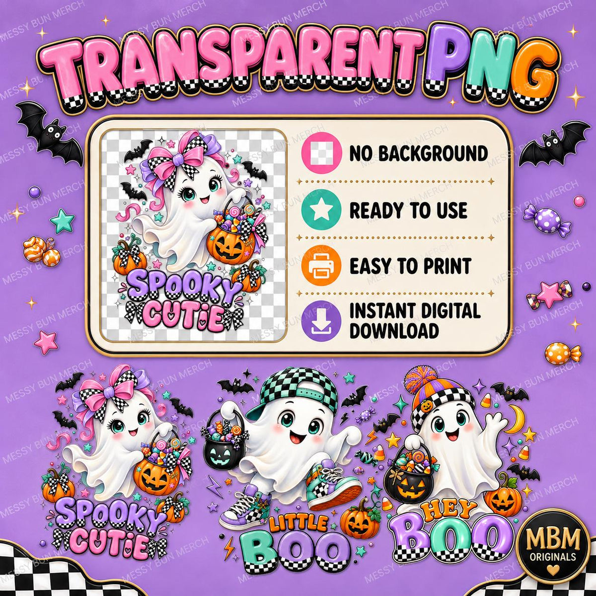 Kids Halloween Ghost PNG Bundle | Spooky Cutie, Little Boo, Hey Boo (Digital Download)