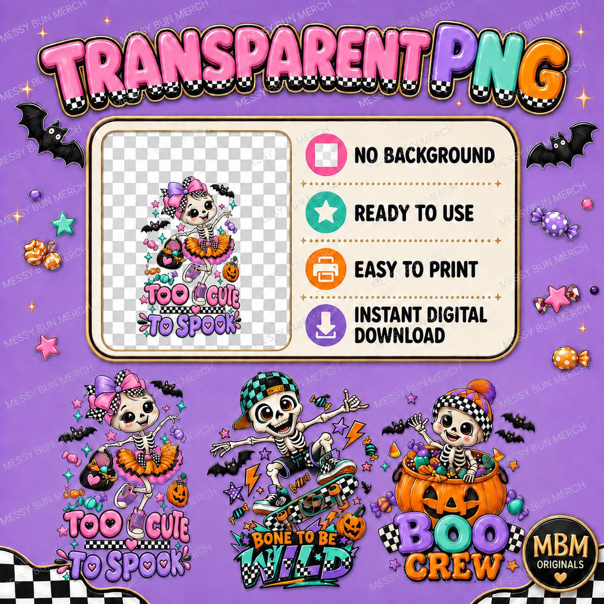 Kids Halloween Skeleton PNG Bundle | Spooky Shirt Design (Digital Download)