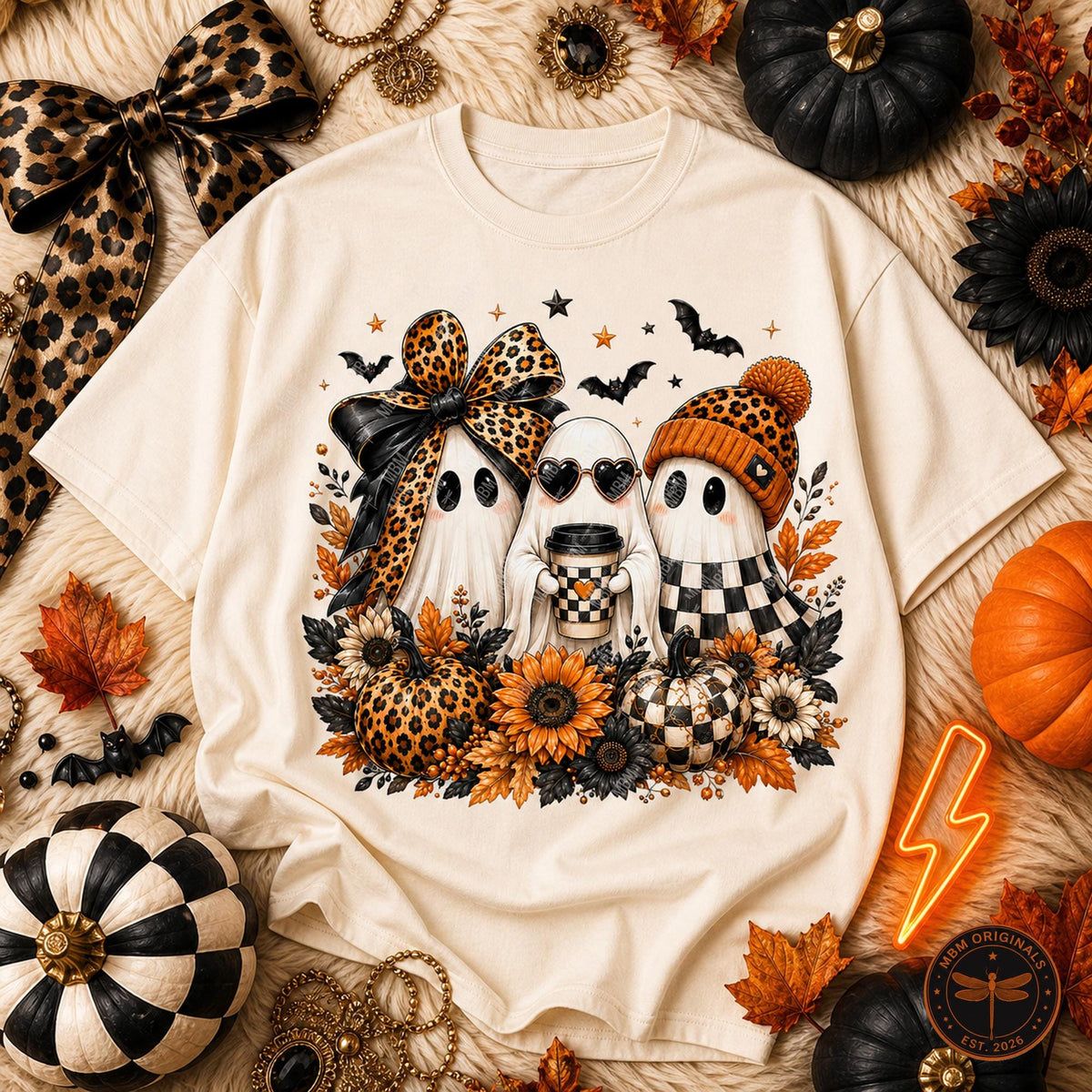 Halloween Ghost Trio PNG | Leopard Bow, Coffee & Pumpkin Fall