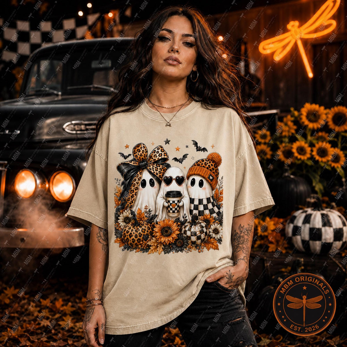 Halloween Ghost Trio PNG | Leopard Bow, Coffee & Pumpkin Fall