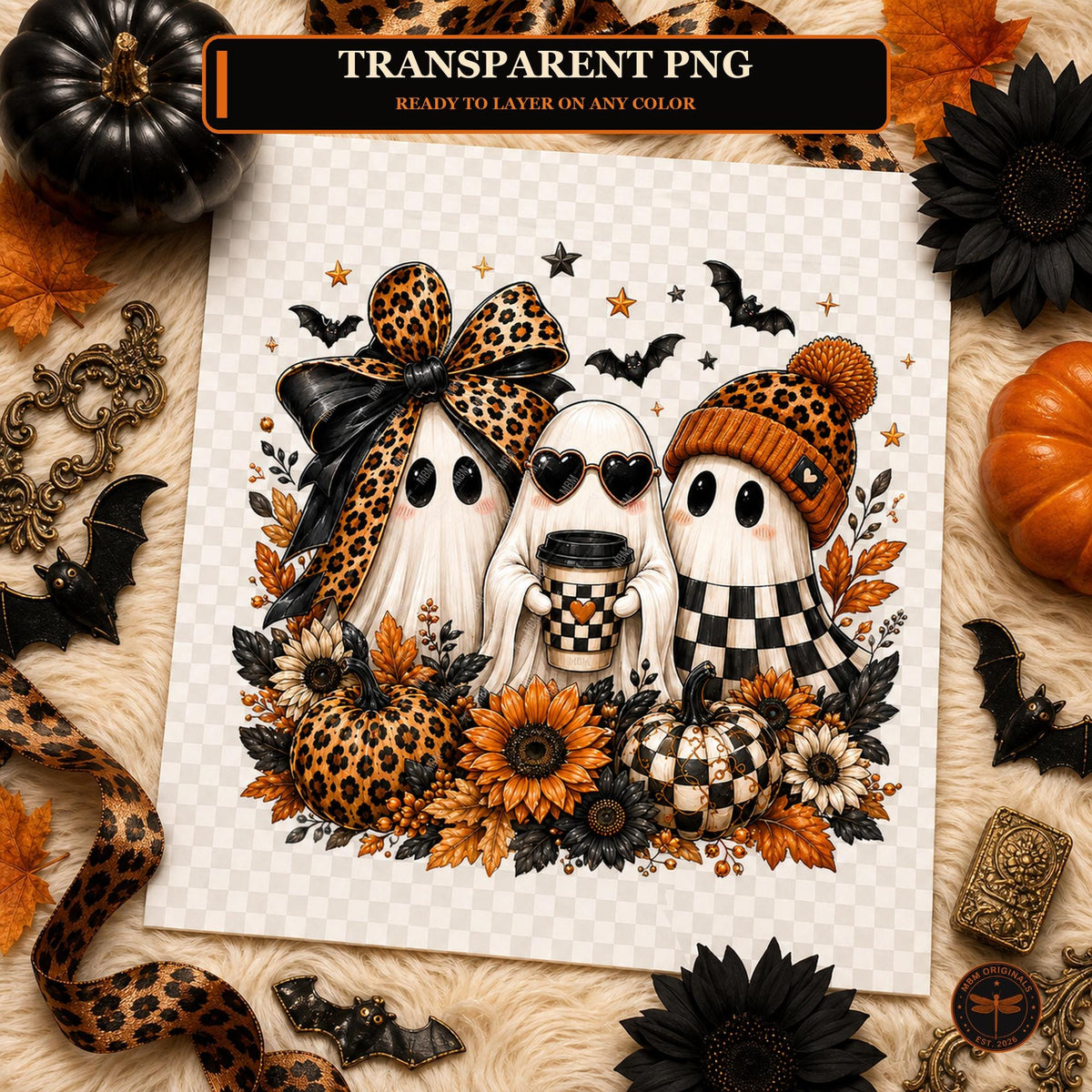 Halloween Ghost Trio PNG | Leopard Bow, Coffee & Pumpkin Fall