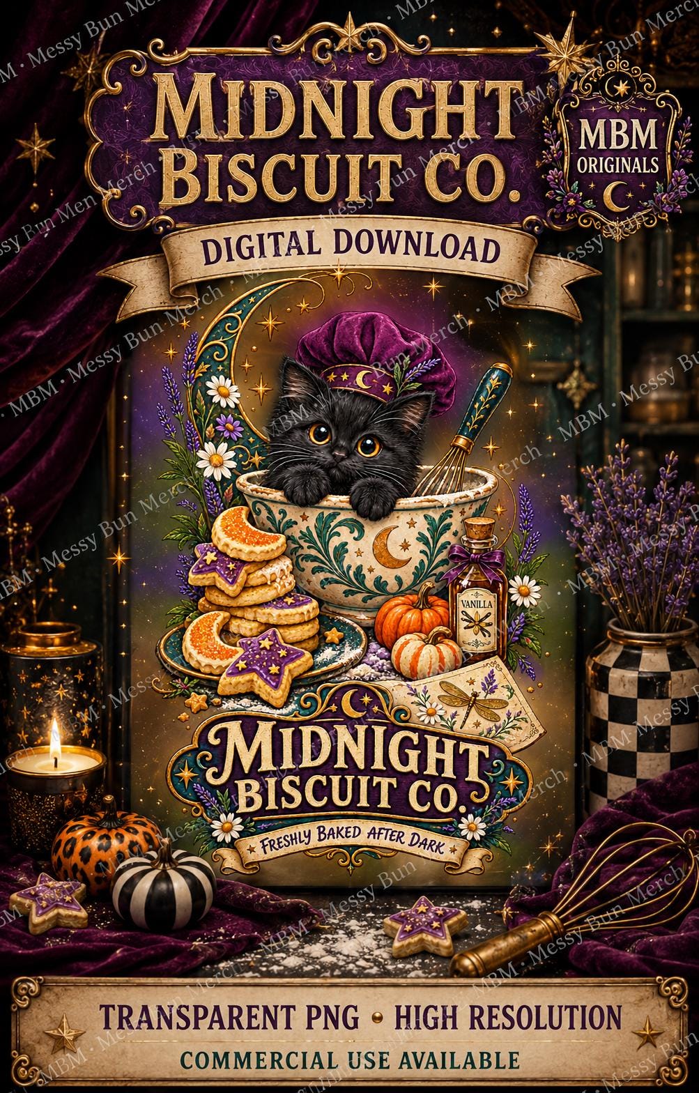 Midnight Biscuit Co. Black Cat Halloween Bakery PNG Design (Digital Download)