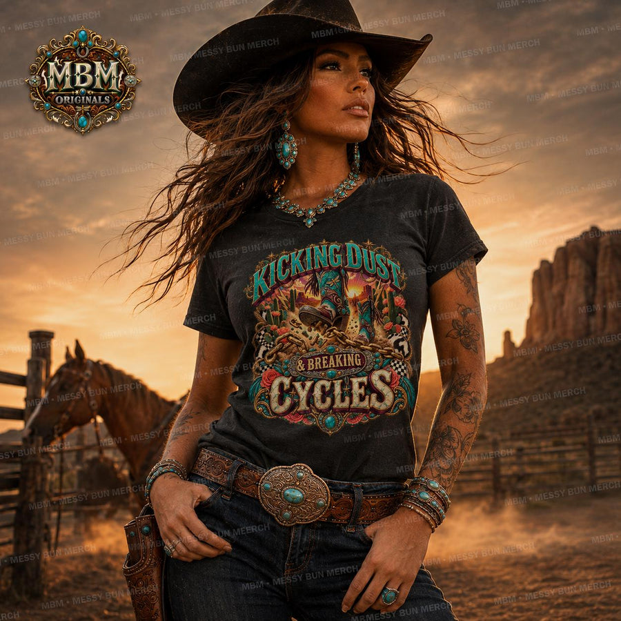 Kicking Dust Breaking Cycles Western Cowboy Boots PNG Design (Digital Download)