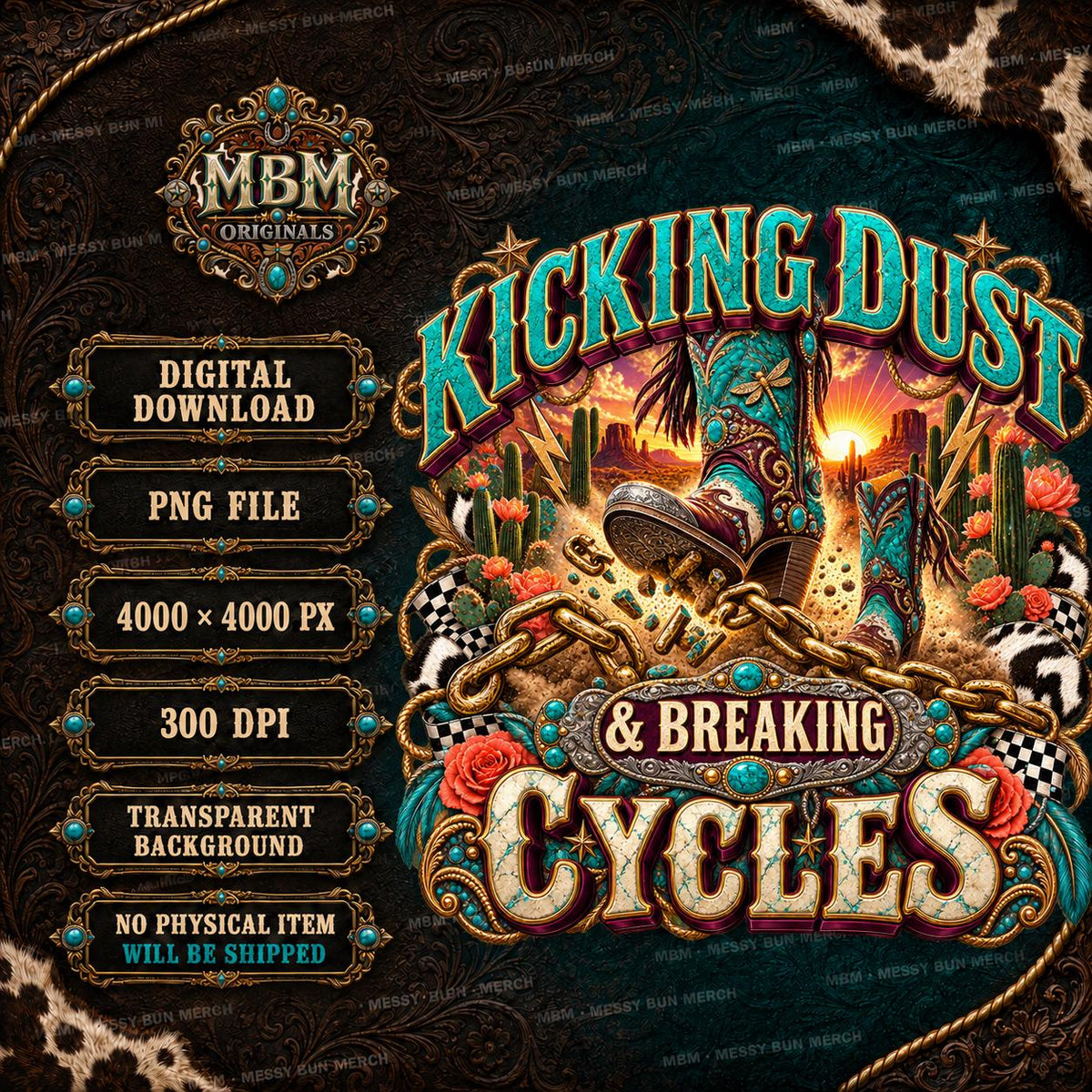 Kicking Dust Breaking Cycles Western Cowboy Boots PNG Design (Digital Download)