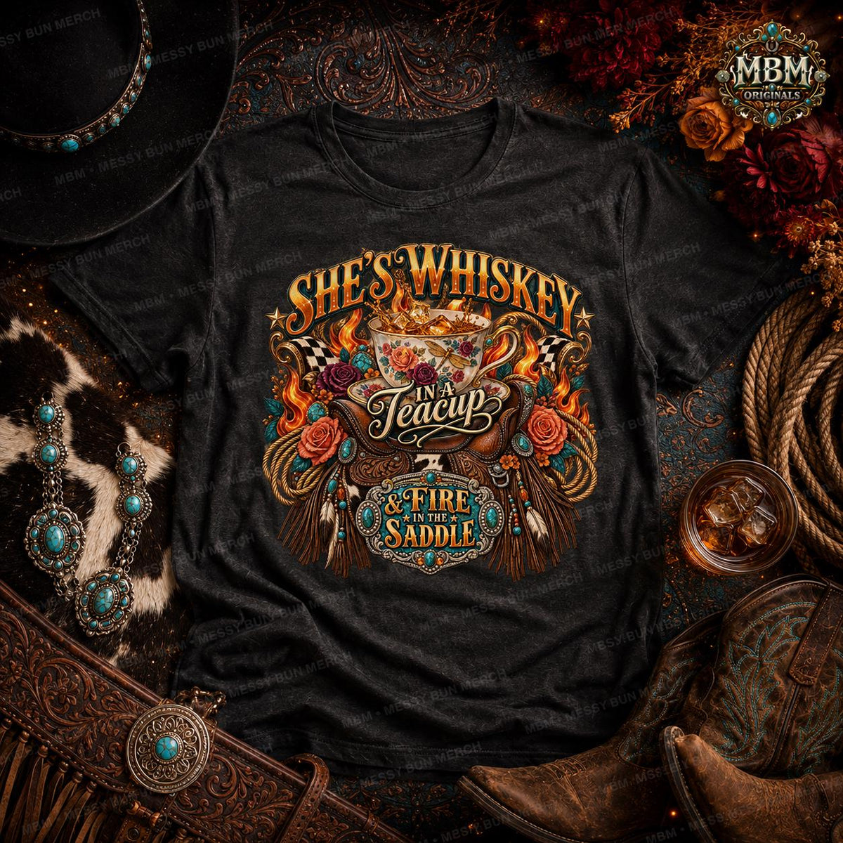 She's Whiskey in a Teacup PNG, Fire in the Saddle Western PNG, Cowgirl Sublimation Design, Western Saddle PNG, Country Girl Shirt Design