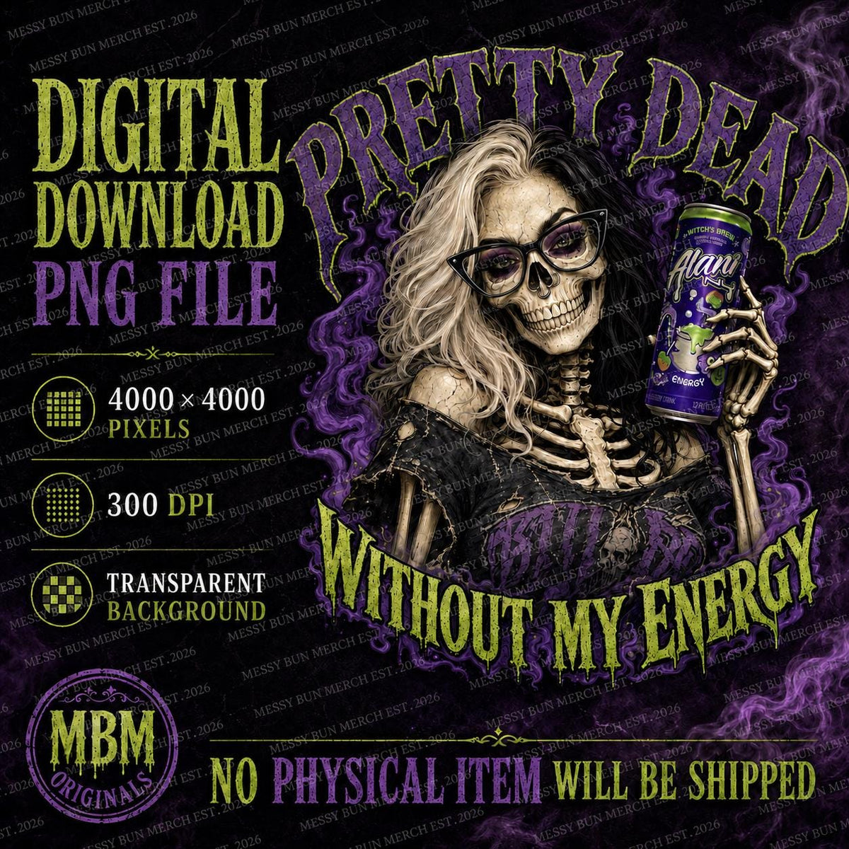 Skeleton Girl Energy Drink PNG, Gothic Glam Design (Digital Download)