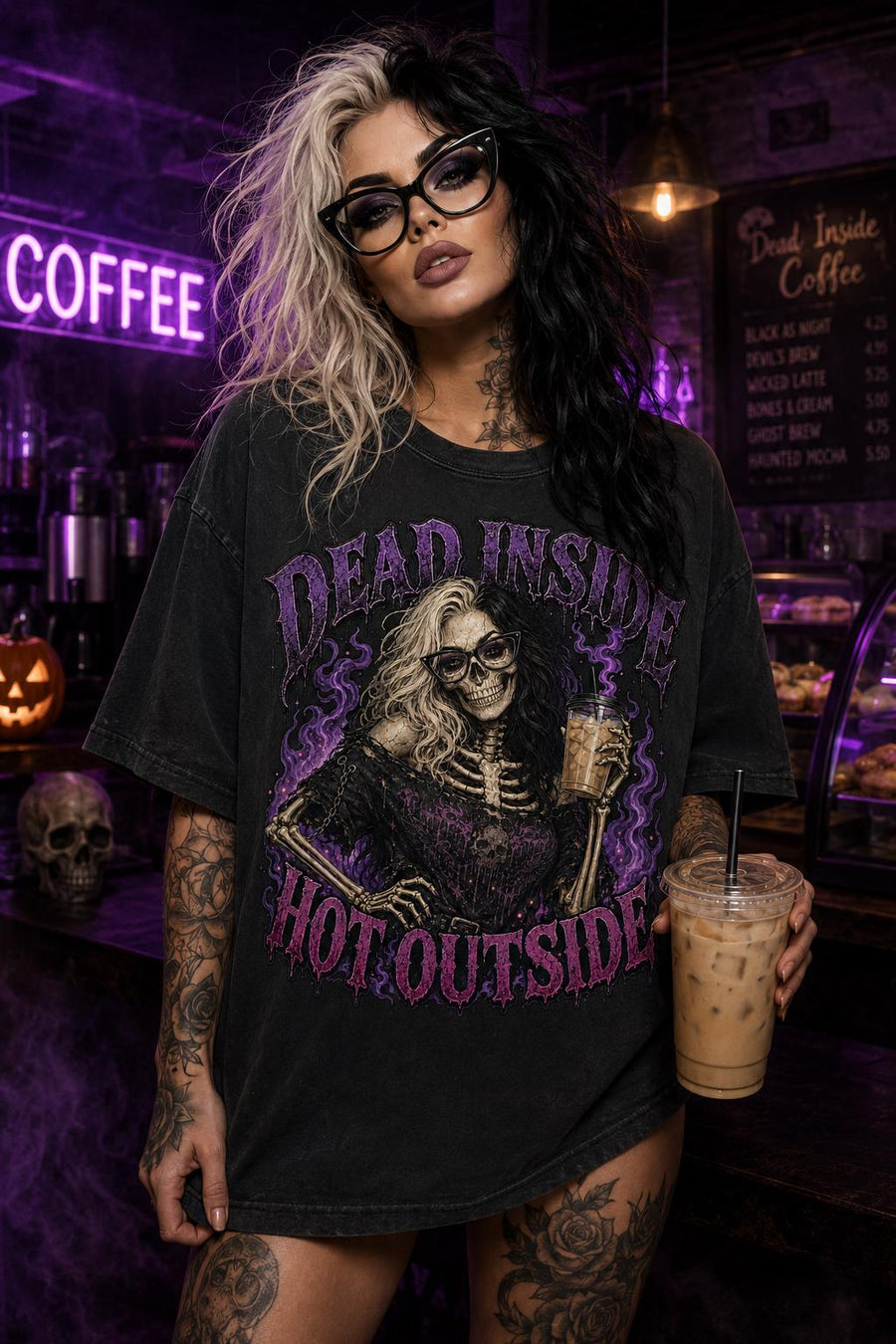 Dead Inside Hot Outside PNG, Skeleton Girl PNG, Gothic Coffee Sublimation Design