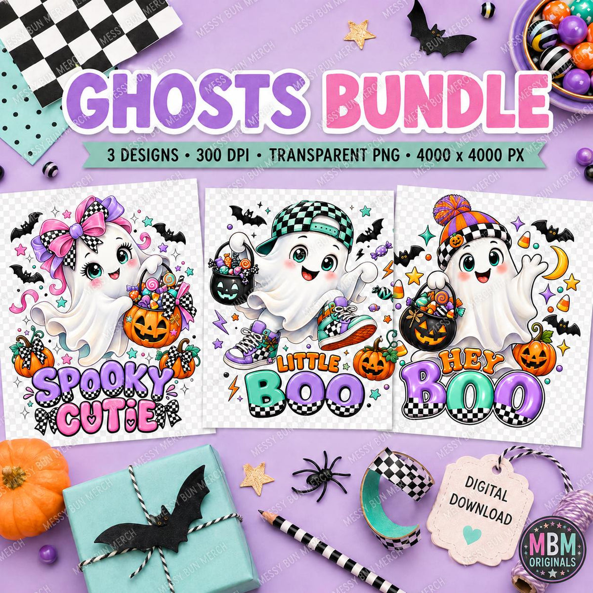 Kids Halloween Ghost PNG Bundle | Spooky Cutie, Little Boo, Hey Boo (Digital Download)