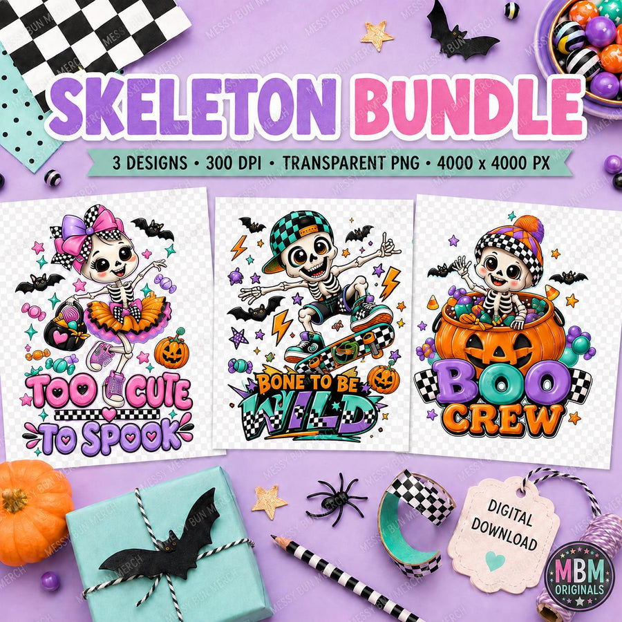 Kids Halloween Skeleton PNG Bundle | Spooky Shirt Design (Digital Download)