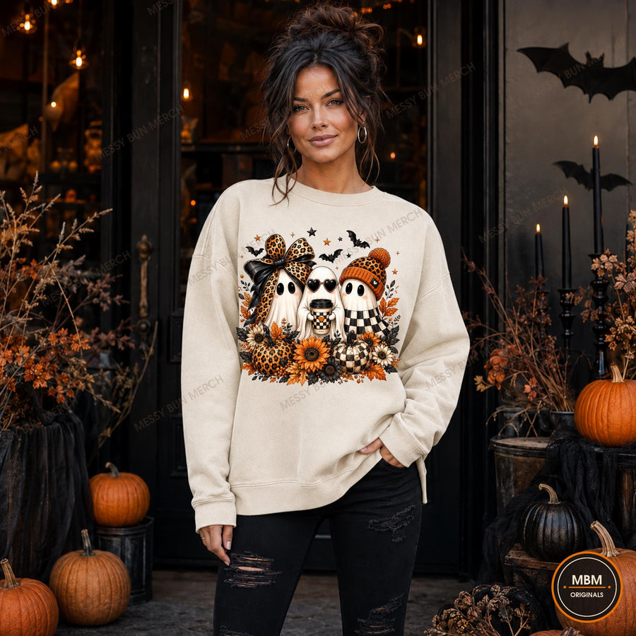 Halloween Ghost Trio PNG | Leopard Bow, Coffee & Pumpkin Fall