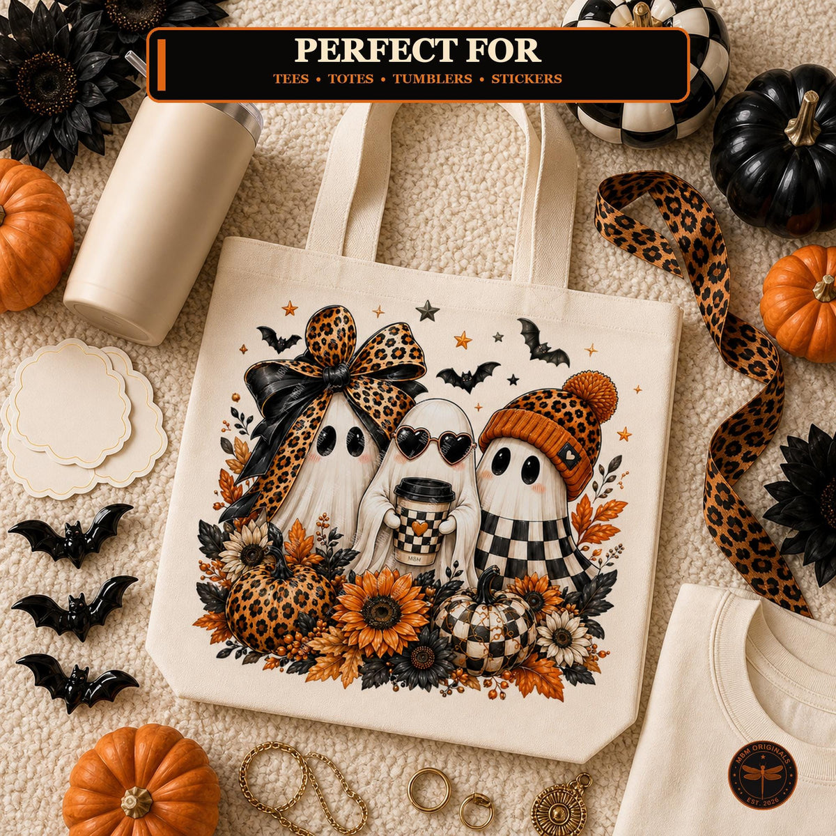 Halloween Ghost Trio PNG | Leopard Bow, Coffee & Pumpkin Fall