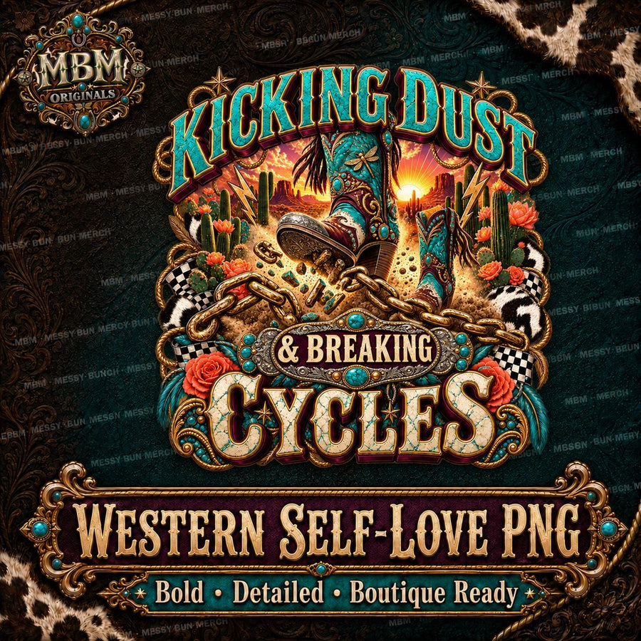 Kicking Dust Breaking Cycles Western Cowboy Boots PNG Design (Digital Download)