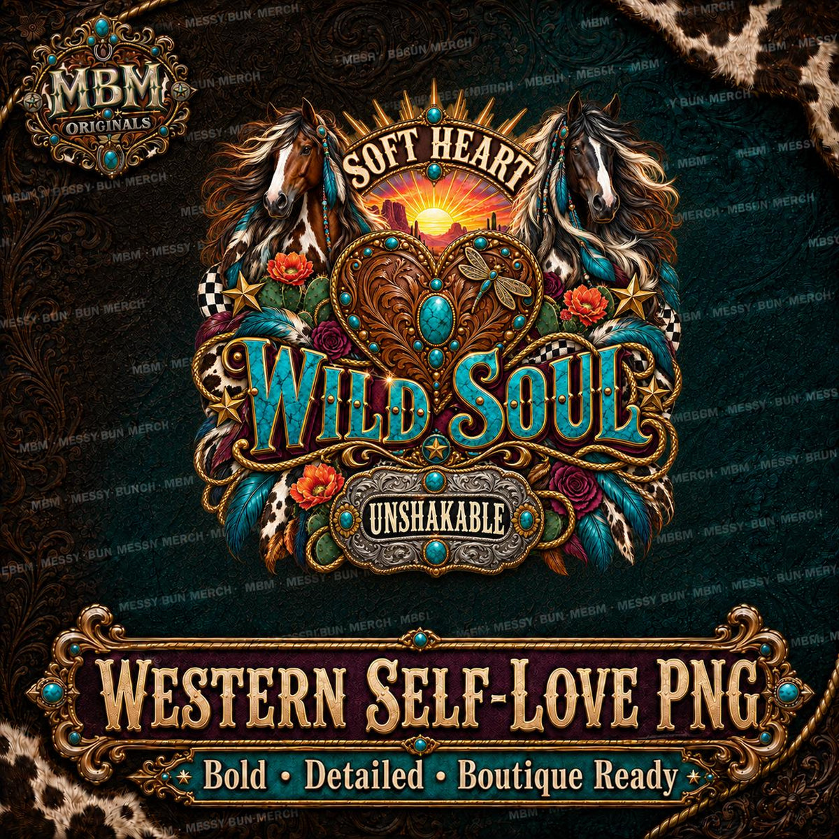 Western Horses Turquoise Heart Cowgirl PNG, Desert Sunset Sublimation Design