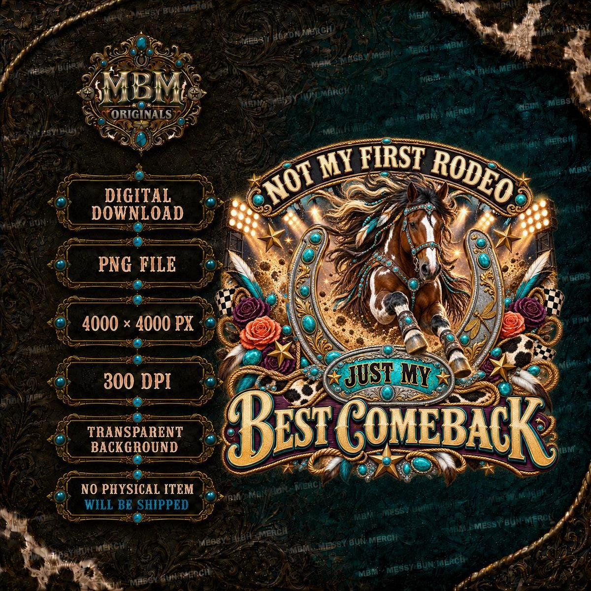 Western Horse Rodeo PNG, Turquoise Horseshoe, Cowgirl Comeback Design (Digital Download)
