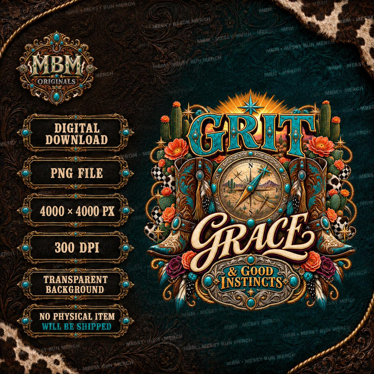 Grit Grace Good Instincts Western Compass Cowboy Boots PNG (Digital Download)