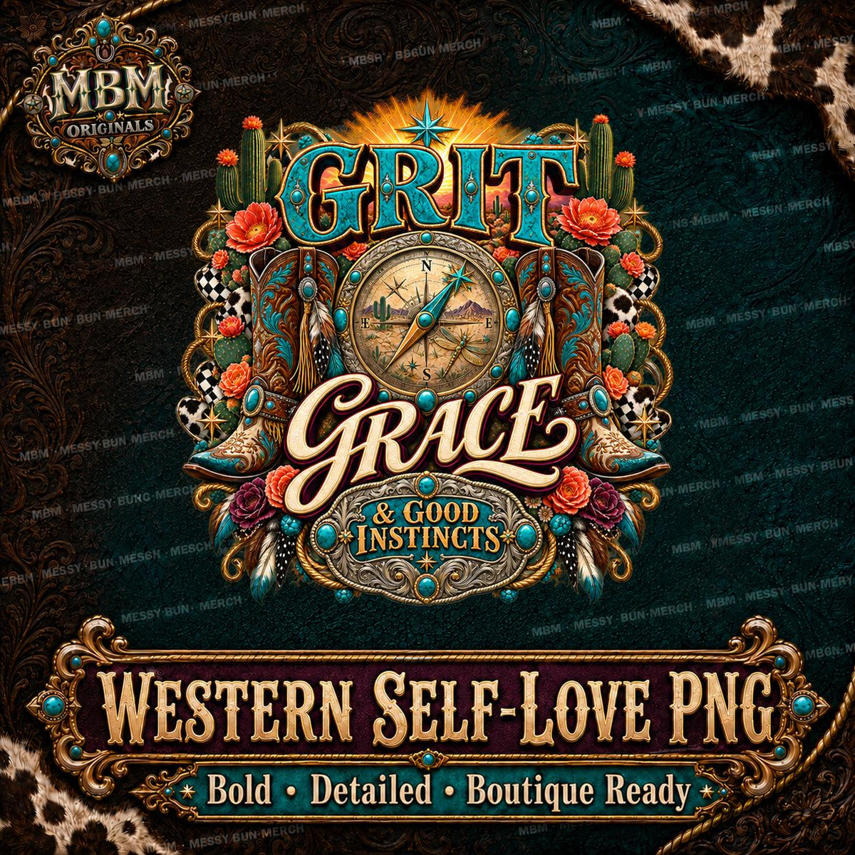 Grit Grace Good Instincts Western Compass Cowboy Boots PNG (Digital Download)